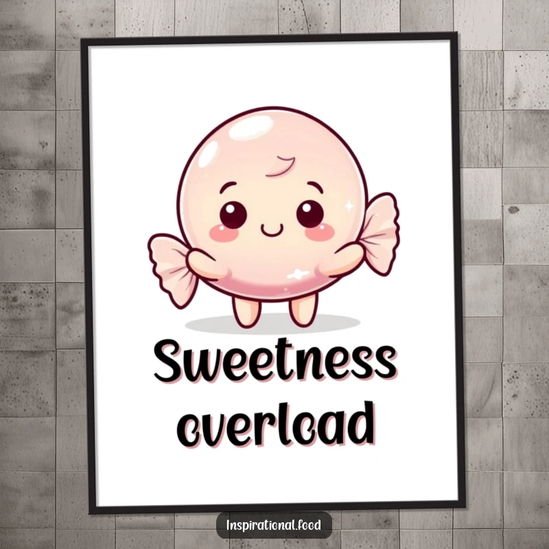Funny poster of a happy candy character with a shimmering wrapper, symbolizing joy and sweetness, a delightful funny gift.