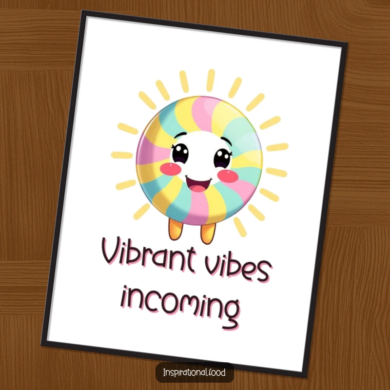 Funny poster of a smiling candy character radiating vibrant, colorful energy, adding a cheerful and energetic vibe to any wall space, a fun gift.