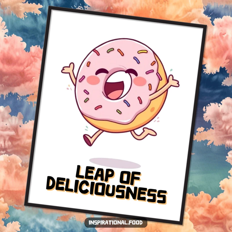 Funny poster art featuring an ecstatic donut with sprinkles performing a joyful leap, a vibrant and funny wall decoration.
