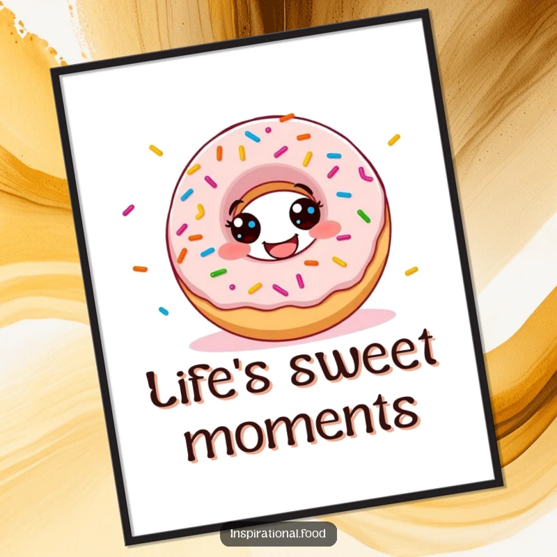 Funny donut poster featuring a grinning character scattering colorful sprinkles, adding a playful and cheerful artistic touch to any wall.