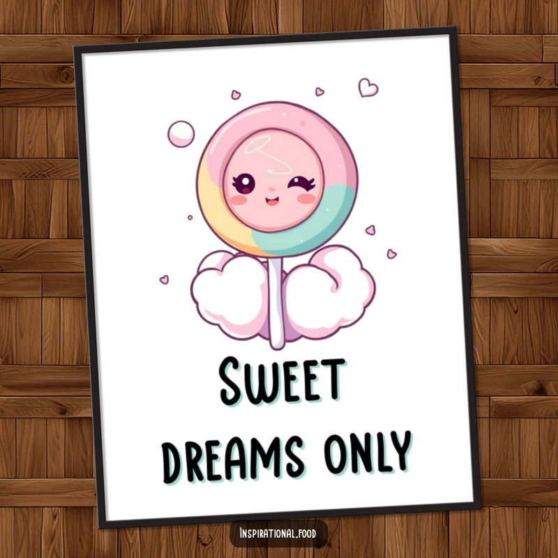 Funny poster artwork of a dreamy lollipop character floating on a soft cotton candy cloud, bringing a whimsical and sweet ambiance.