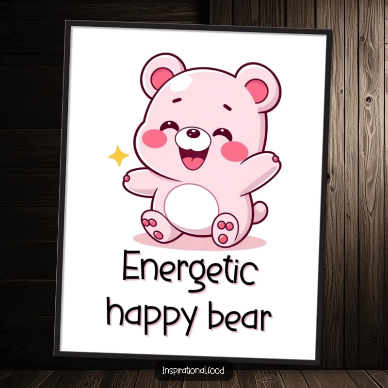Funny poster art of a grinning gummy bear in an energetic bounce, capturing a sense of pure happiness and lively spirit.