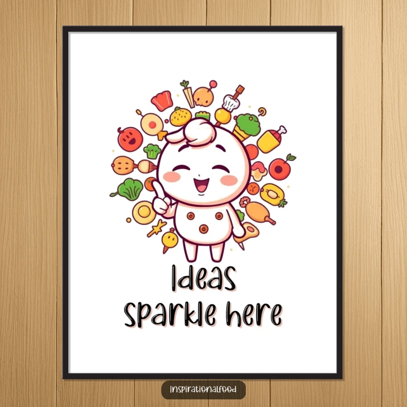 Funny poster showcasing a winking character gesturing towards a dazzling array of inspiring creative food icons on a wall.