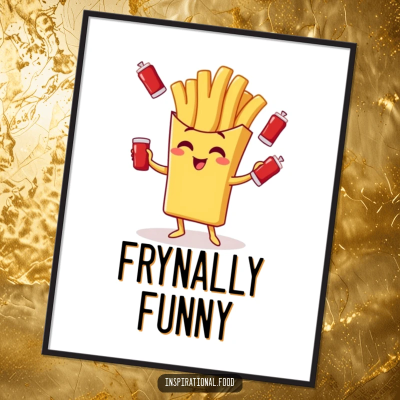 Funny poster of a giggling french fry character juggling small ketchup packets, bringing delightful fast food humor.