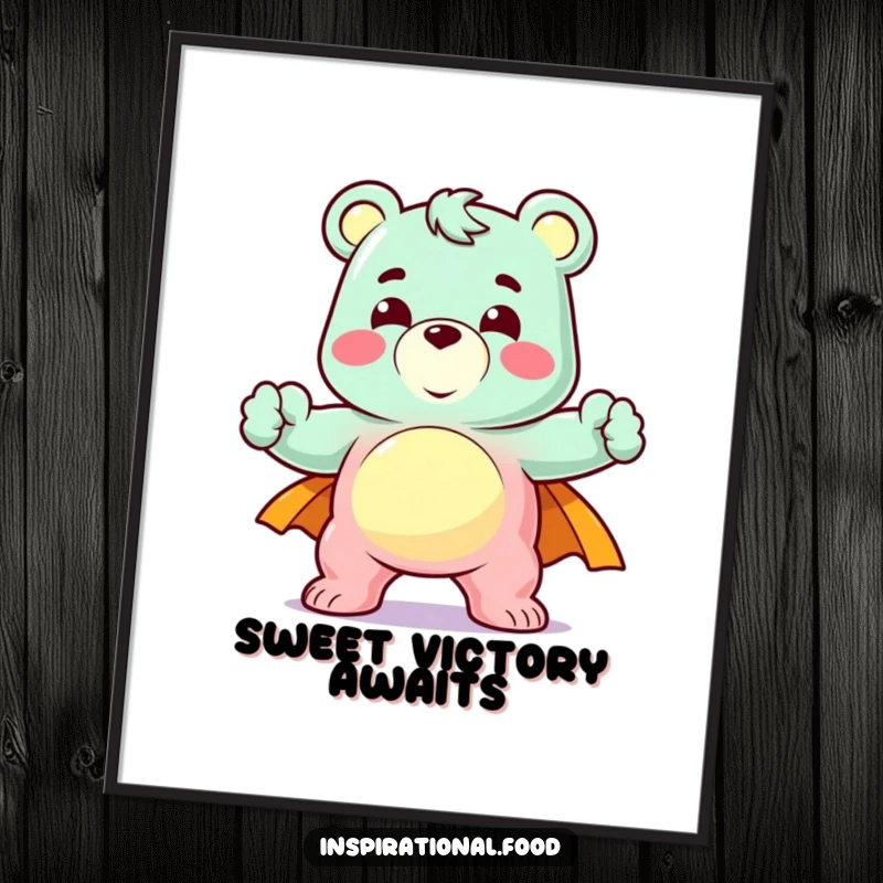 Funny poster print of a delighted gummy bear in a heroic pose, bringing humorous candy-themed superhero art to walls.