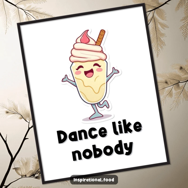 Funny ice cream sundae poster with a joyful character captured mid-dance move, bringing a lively and sweet vibe to any wall.