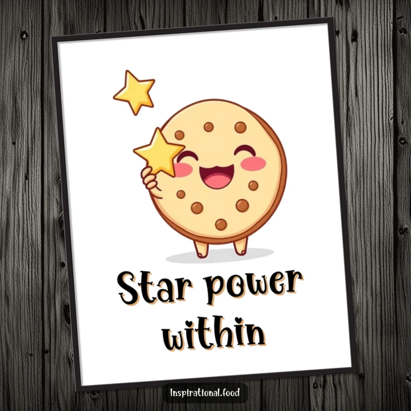 Funny poster of a joyous cookie character holding a shining star, symbolizing inspiration and positive energy.