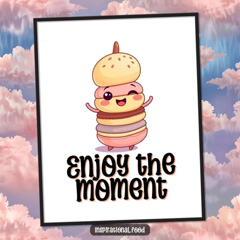 Funny poster print of a cheerful macaron tower in a delighted, wobbly spin, adding humorous and sweet art to walls.