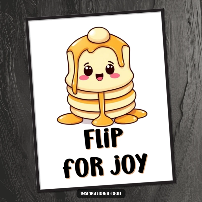 Funny poster of a beaming pancake character with a syrup cascade, bringing delightful breakfast and sweet humor.
