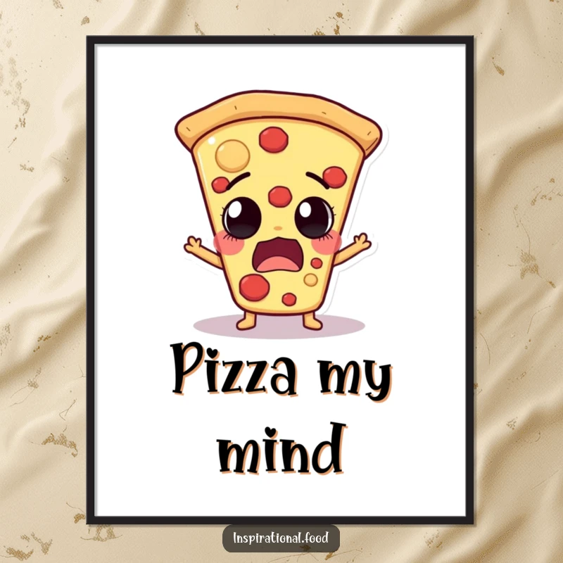 Funny pizza slice character with an astonished, gasping expression on a vibrant art print, adding humorous food-themed decor.