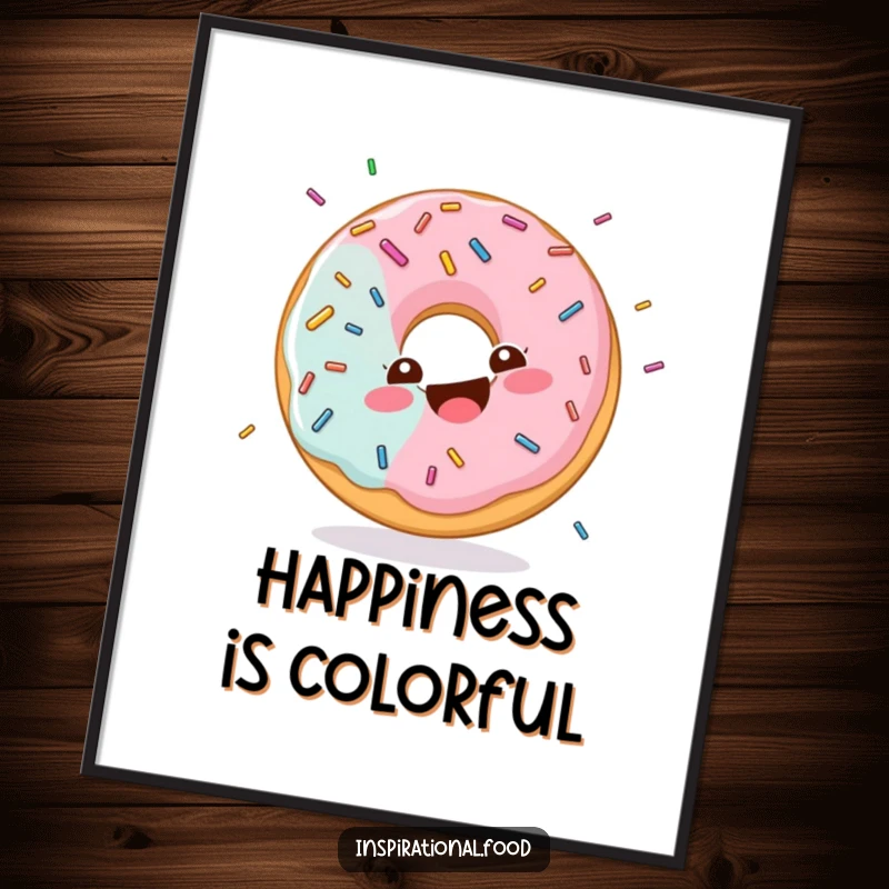 Funny poster of a donut character with a happy swirl, giggling merrily while showered in a cascade of colorful sprinkles.