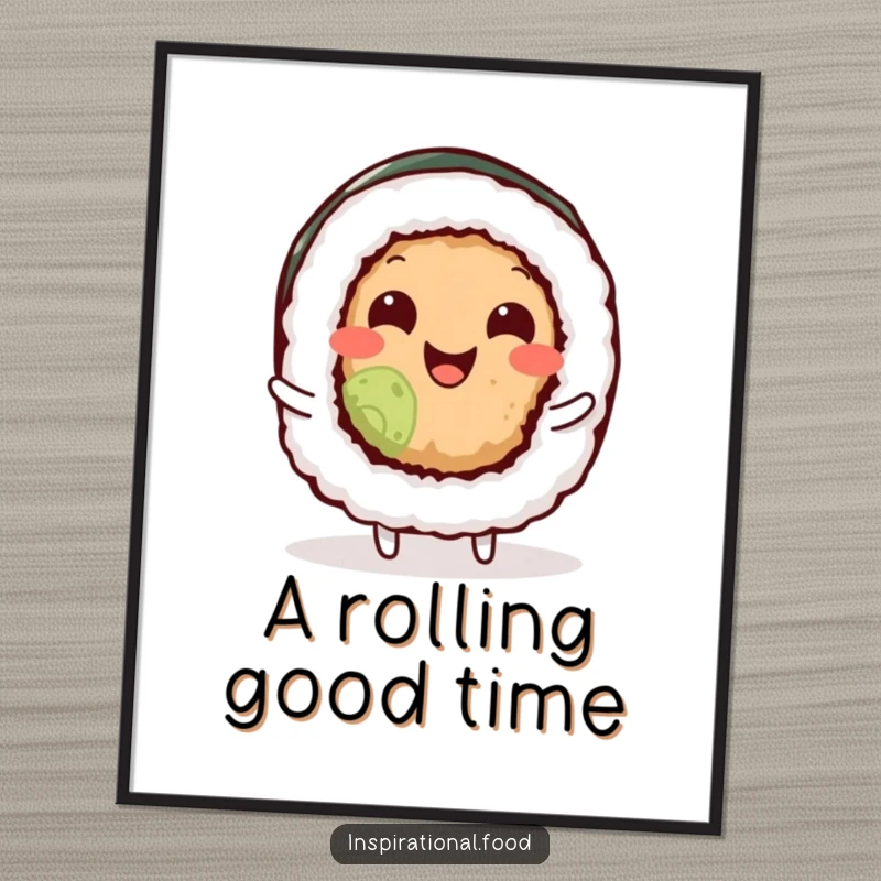 Funny sushi roll character joyfully wiggling its body on a vibrant art print, adding a touch of humor to wall decor.