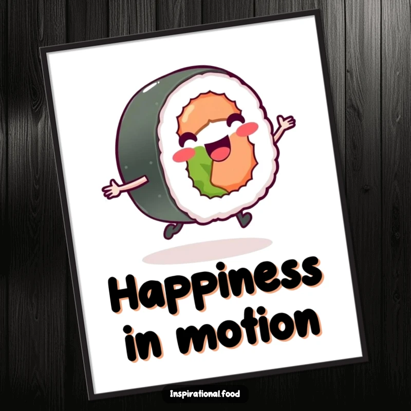 Funny delighted sushi roll joyfully skipping on a poster, bringing vibrant and happy energy.