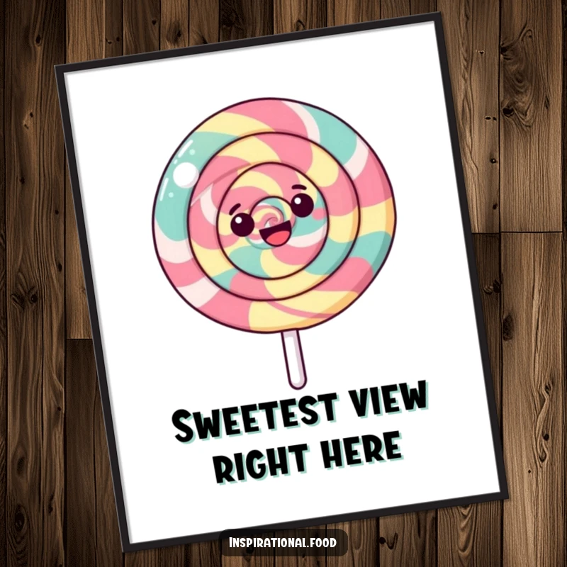 Funny Lollipop Poster displaying a happy lollipop in a delightful spin with a captivating swirling pattern, perfect for art lovers.