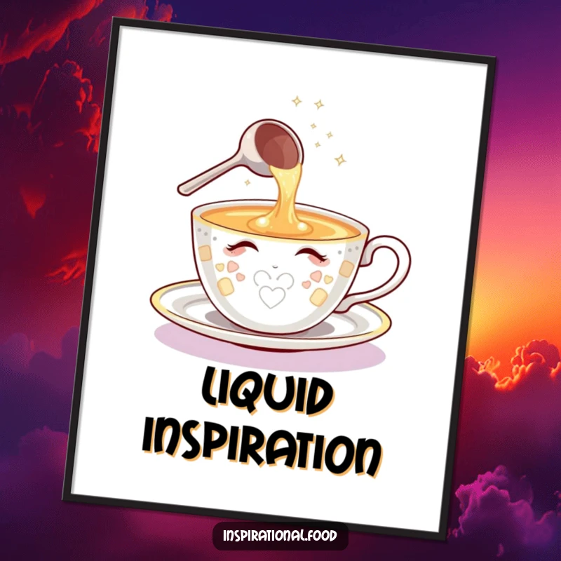 Funny poster showing a shining teacup character with a sparkling ladle pouring a continuous flow of bright ideas, inspiring art.