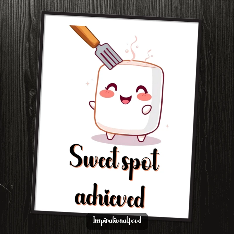 Funny poster featuring a blushing marshmallow being toasted, creating a warm, cheerful, and inviting atmosphere.