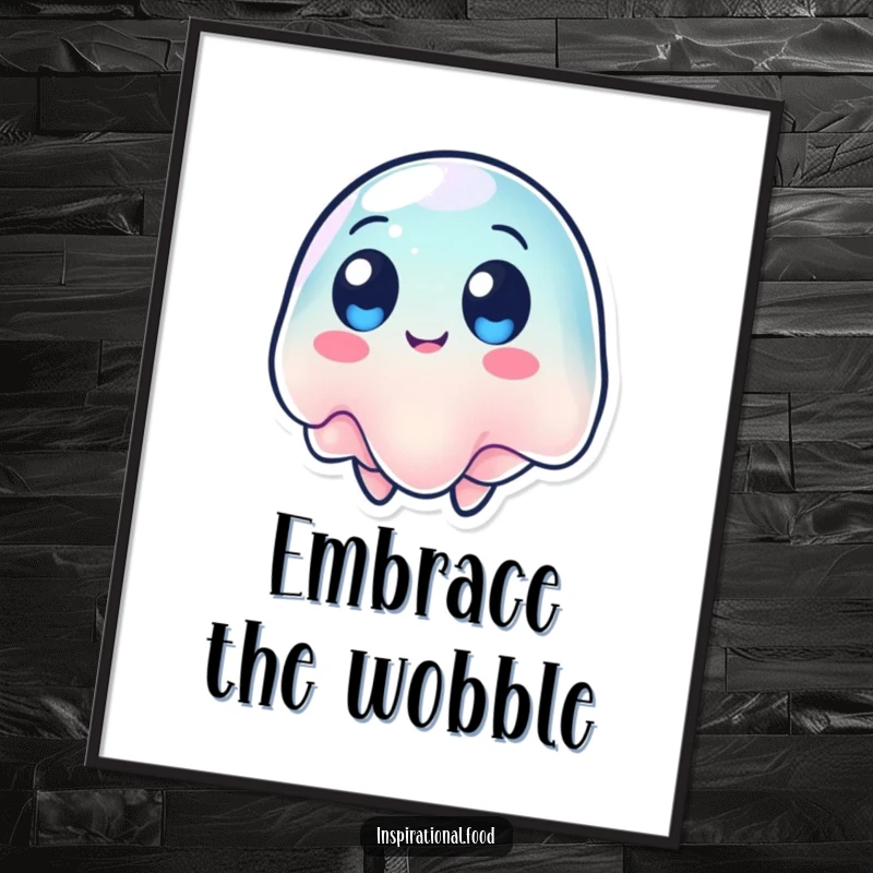 Funny poster of a wobbling jelly character with round eyes, spinning around in a delightful, dizzy pattern.
