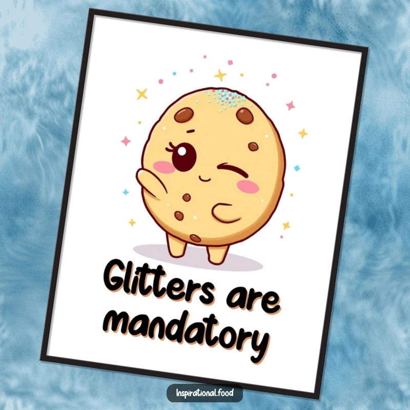 Funny poster: A winking cookie character joyfully showers a friend with shimmering edible glitter, creating a whimsical and celebratory scene.