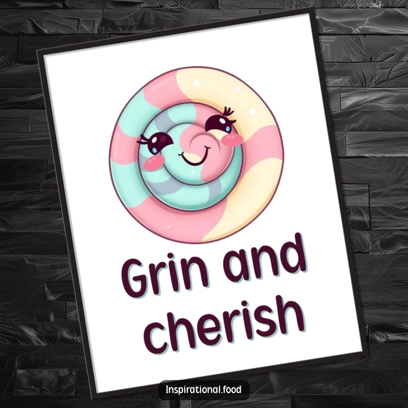 Funny candy swirl poster with a delighted, playful grin, ideal for vibrant candy-themed wall art and cheerful decor.