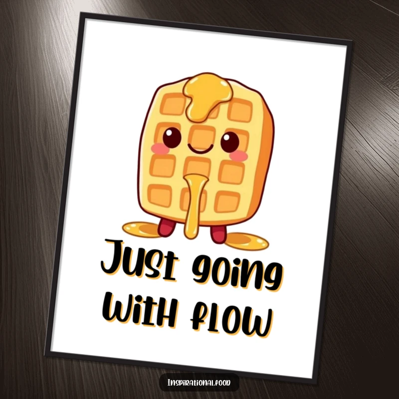 Funny poster of a smiling waffle character with syrup dripping down, bringing sweet breakfast cheer to any wall.