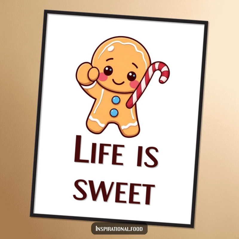 Funny gingerbread cookie character poster, enthusiastically waving a candy cane, adding a touch of sweet holiday cheer to your walls.