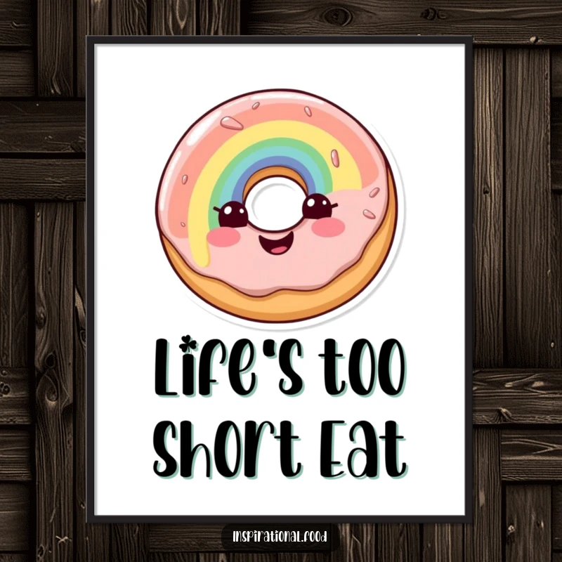 Funny poster showcasing a smiling doughnut character adorned with a vibrant rainbow glaze, bringing cheerful energy to any wall.