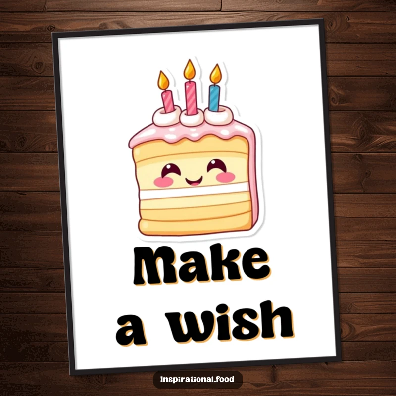 Funny poster print of an inspired smiling slice of birthday cake with lit candles, bringing humorous celebration art to walls.