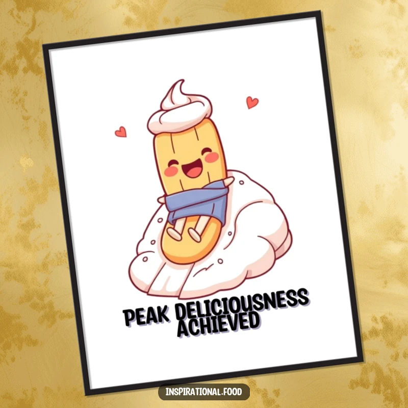 Funny poster of a baguette character joyfully sliding down a fluffy, towering meringue mountain, representing a sweet and humorous adventure.