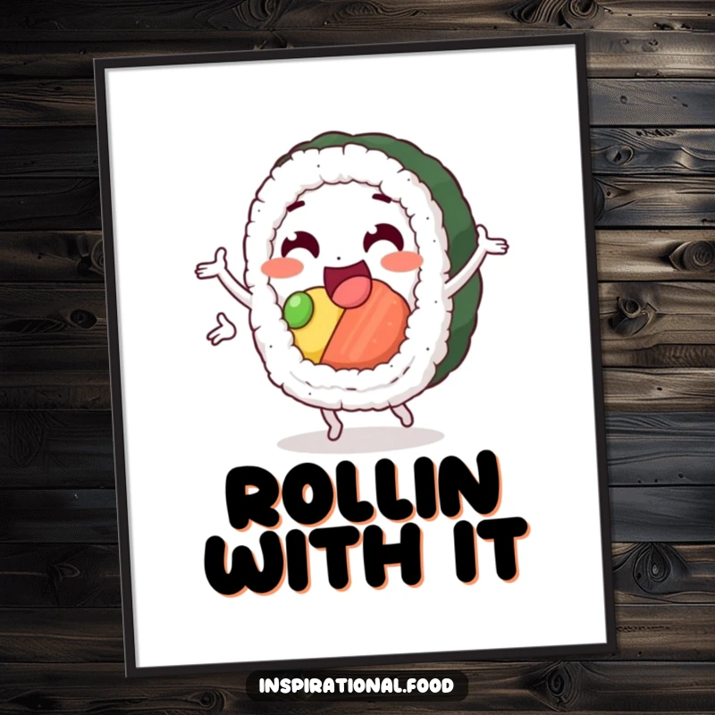 Funny sushi loop poster artwork, a smiling sushi roll character in a cheerful aerial loop, perfect for kitchens or dining areas seeking playful decor.