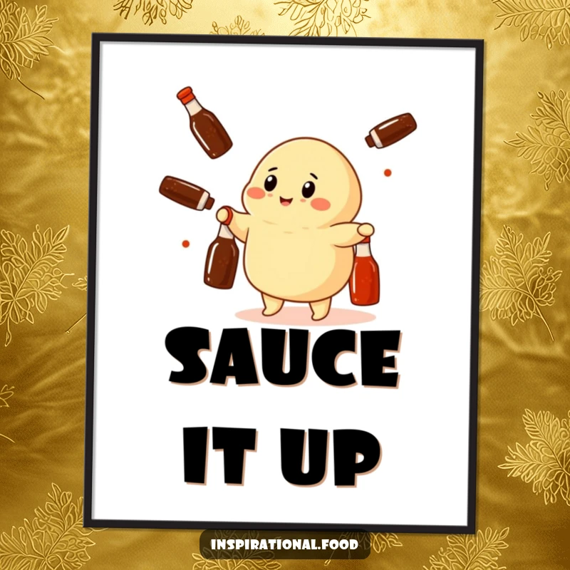 Funny dumpling character juggling miniature soy sauce bottles on a vibrant art print, depicting playful Asian food humor.