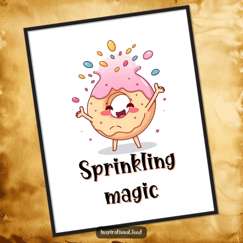 Funny donut cascade poster artwork, a smiling donut character joyfully showering sprinkles, perfect for kitchens or dining areas seeking a sweet, fun vibe.