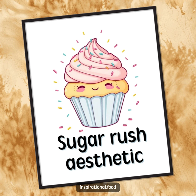 Funny poster art of a happy cupcake looking up at an imaginary storm of colorful candy sprinkles, a whimsical illustration.