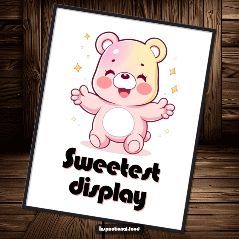 Funny poster of a joyful gummy bear character juggling sparkling sugar crystals, adding sweet, humorous visual appeal.