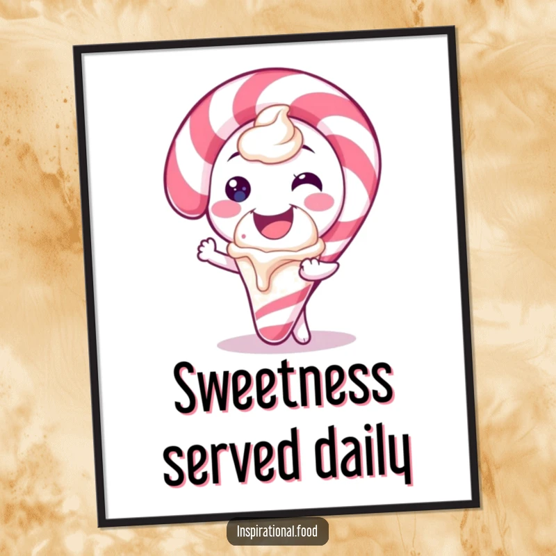 Funny poster of a candy cane character smiling broadly and offering a scoop of ice cream, symbolizing sweet holiday generosity.