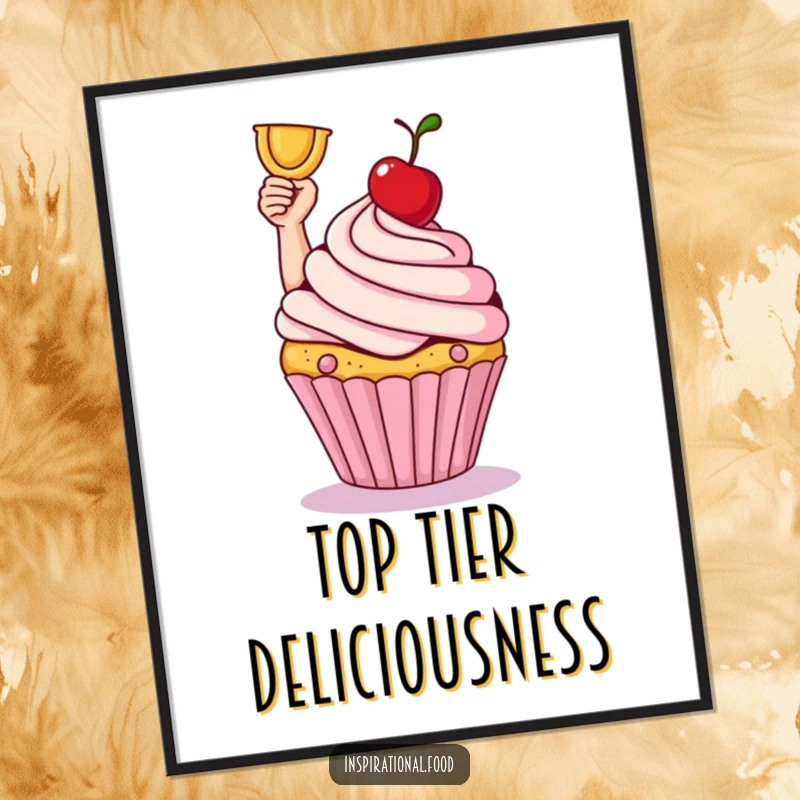 Smiling cupcake holding a cherry like a trophy on a vibrant poster. Sweet decor.