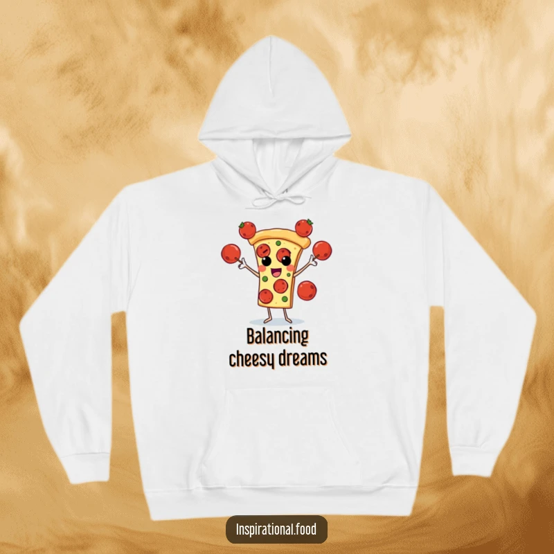 Funny hoodie featuring a pizza slice character skillfully juggling pepperoni pieces, offering warmth and cheesy humor.