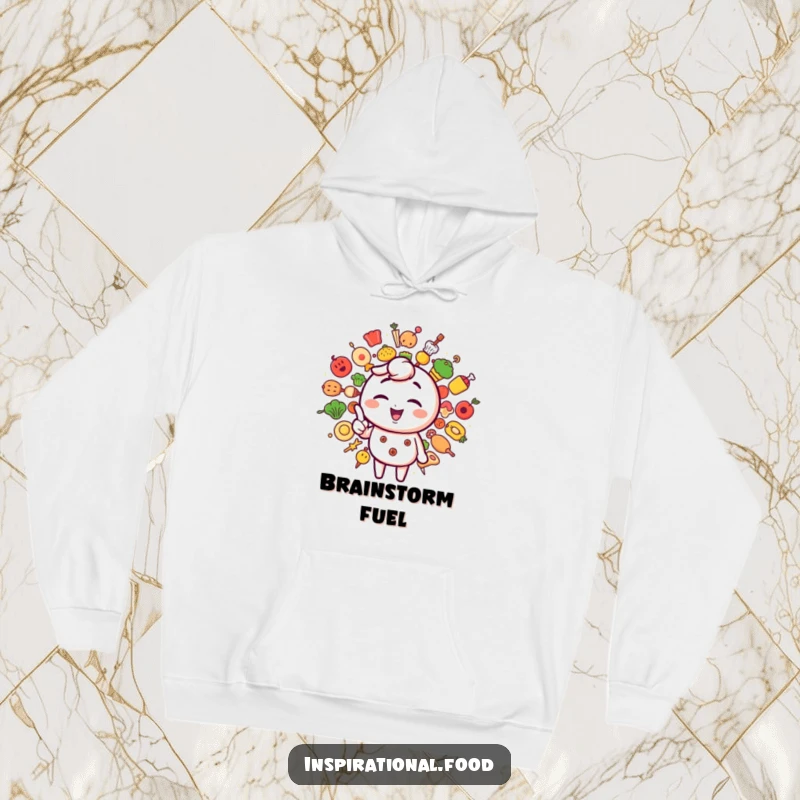 Funny hoodie displaying a winking character pointing to a bright starburst of imaginative food icons for ultimate comfort.