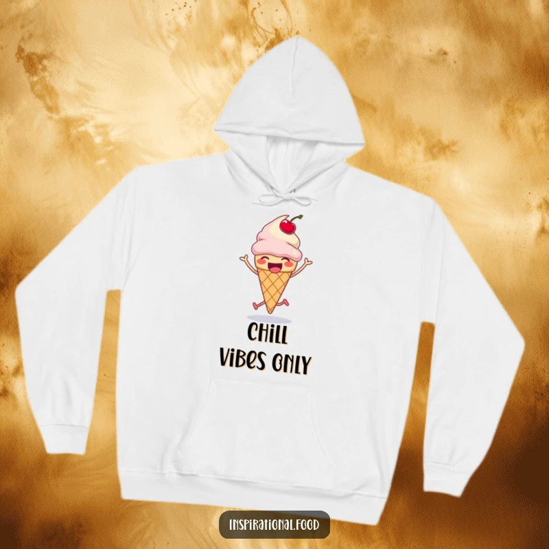Funny ice cream cone hoodie, laughing in a silly hop with a bouncing cherry, warm and cozy, excellent funny gift.