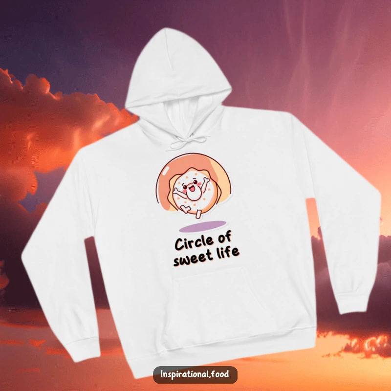Funny hoodie featuring a cheerful doughnut character doing a dynamic cartwheel, celebrating sweet treats and active fun.