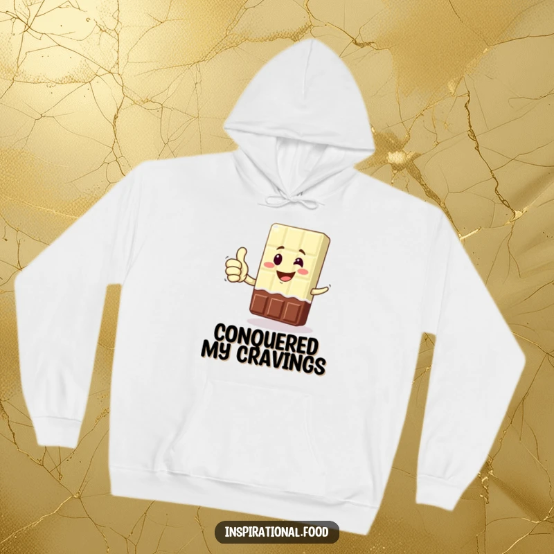 Funny hoodie showcasing a grinning chocolate bar character giving a thumbs up, offering warmth and humorous celebration of triumph.