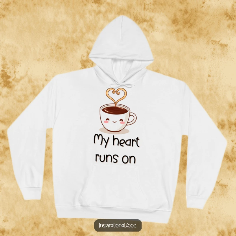Funny hoodie depicting a coffee cup character with steam forming a heart, offering warmth and affection.