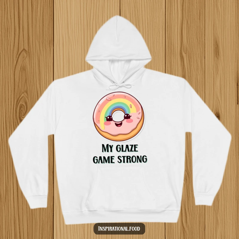 Funny hoodie depicting a radiating doughnut character with a multi-colored rainbow glaze, offering warmth and a smile.