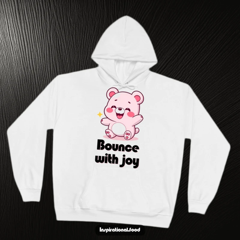 Funny hoodie design featuring a grinning gummy bear bouncing with energy, symbolizing pure joy and a playful, active lifestyle.