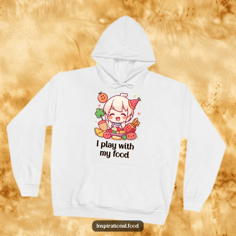 Funny hoodie featuring a happy character playfully arranging colorful food elements, blending comfort with artistic fun.