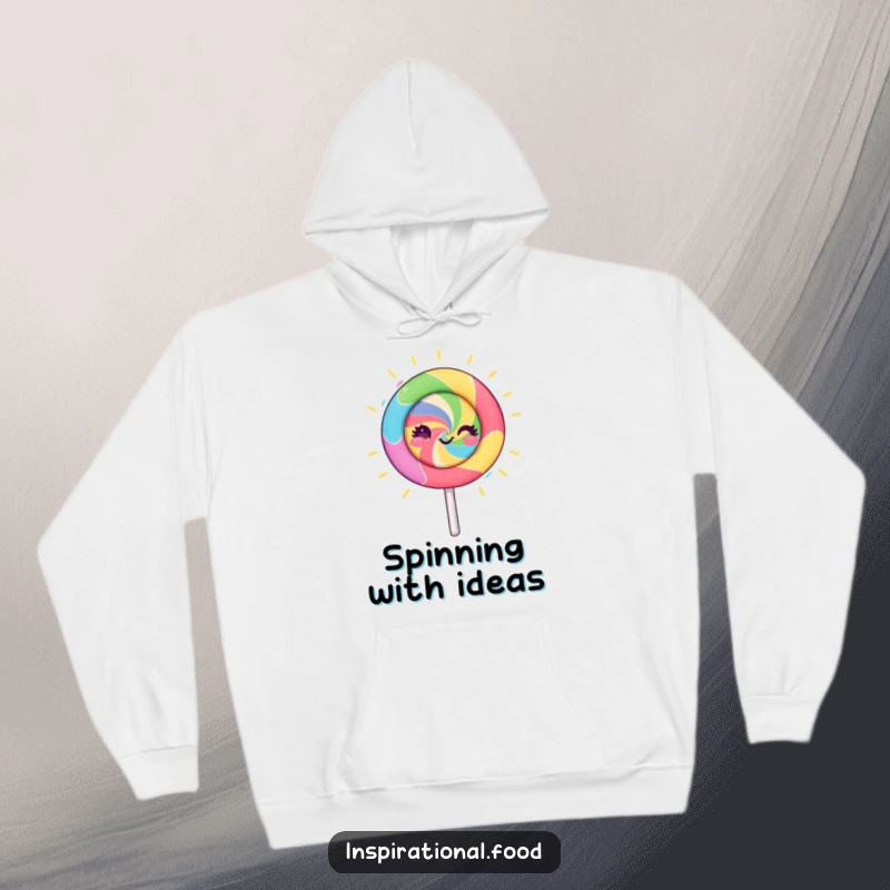 Funny lollipop character hoodie, spinning with intense creative energy and bright colors, offering warmth and a humorous, artistic vibe.