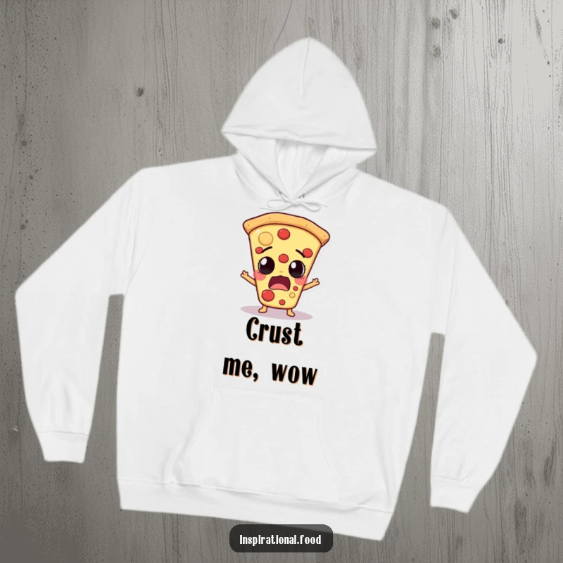 Funny pizza slice character with an astonished, gasping expression on a warm, comfortable hoodie, celebrating pizza obsession.