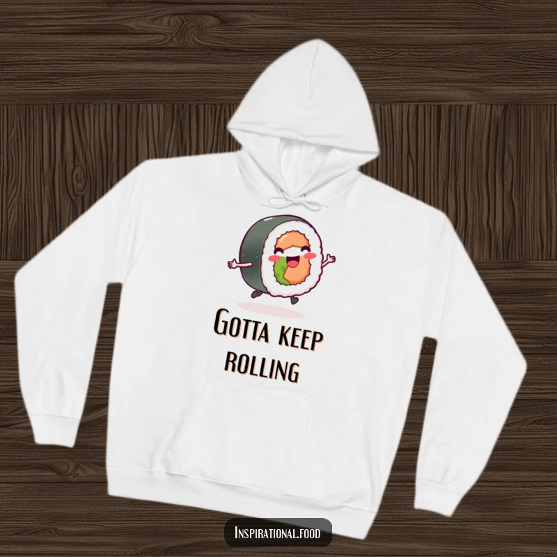 Funny happy sushi roll on a hoodie, joyfully skipping with tiny legs, a warm and comical design.