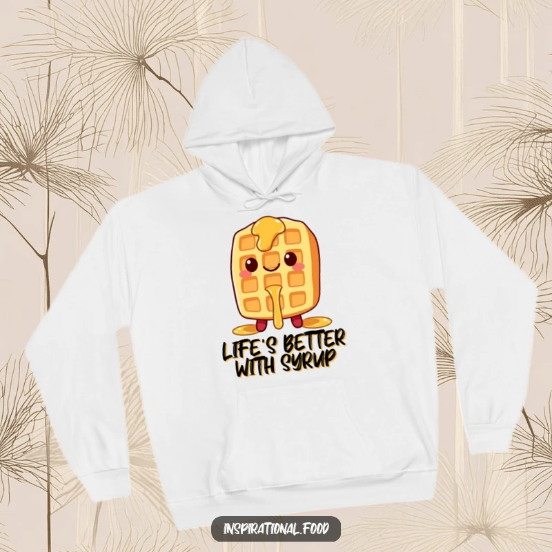 Funny hoodie depicting a smiling waffle character with syrup dripping, offering warmth and breakfast cheer.