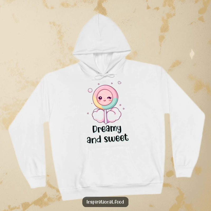 Funny hoodie depicting a dreamy lollipop character floating serenely on a cloud of fluffy pink cotton candy, offering ultimate comfort.