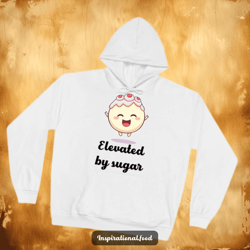 Funny hoodie featuring a round cake character levitating with delight, offering cozy warmth and a touch of sweet, magical charm.